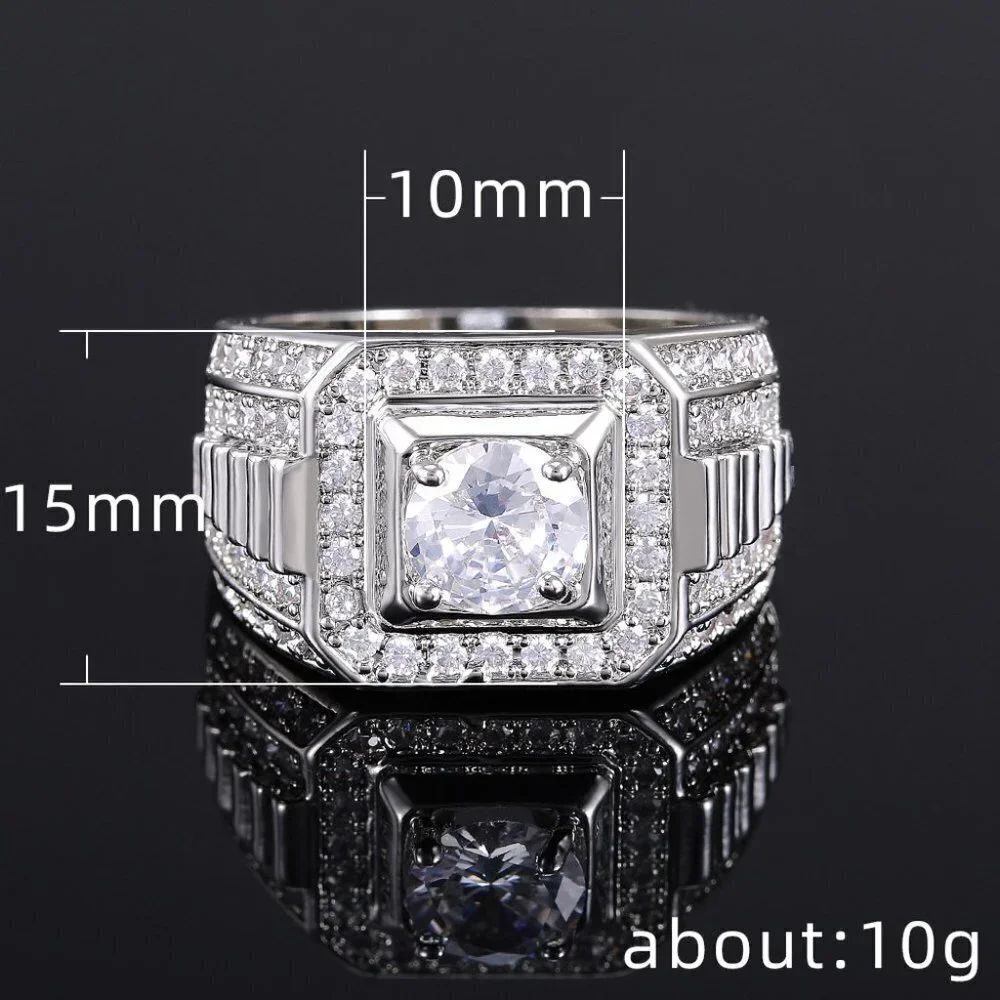 🍁 Fever Square Glitter Zircon Silver Chunky Wedding Rings for Man, PD663